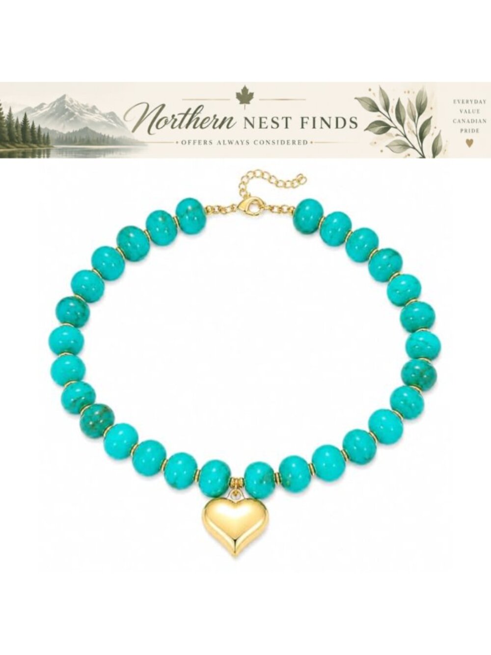 Gold Heart Pendant Beaded Necklace Resin Beads Summer Beach Vacation Jewelry